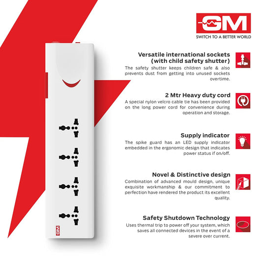 GM 3060 Extension Board 10Amp Output 250 Volts with 2 Mtr Extension Cord & Surge Protector | Master Switch, Safety Shutter, 4 International Sockets | Multi Plug Travel Adapter for Home Appliances