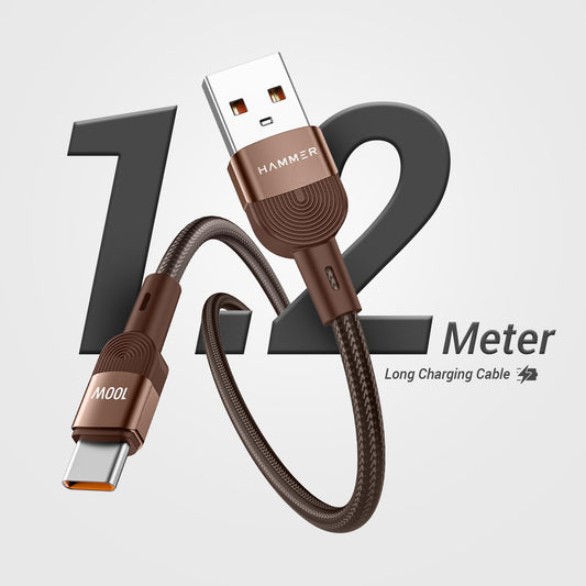 HAMMER 100W 5A USB to Type-C for OnePlus with WARP/VOOC/FLASH support, Super Fast Charging Cable,1.2M Nylon Braided,Tangle free,480Mbps Data Transfer, supports OPPO (Brown)