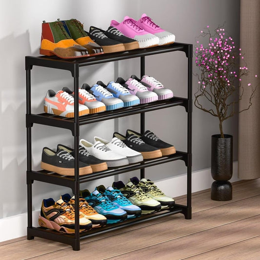 MAGICLY 4 Shelves Shoes Rack for Home Plastic, 4 Tier Shoe Rack with Shelf, Folding for Bedroom, Book Shelf, Footwear Stand (BLACK 4 TIRE)