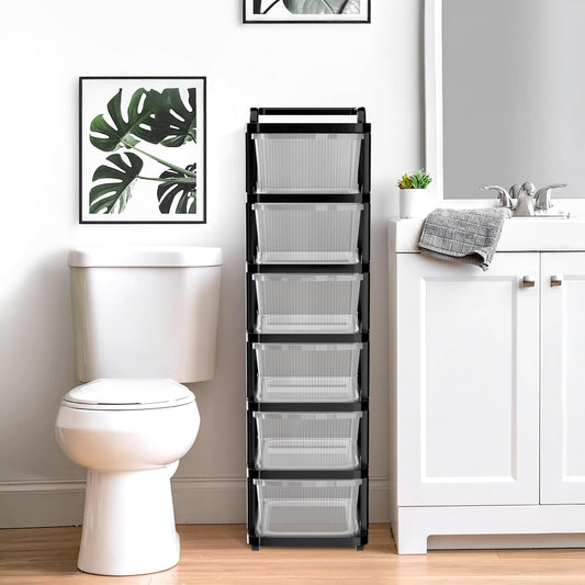 Kuber Industries 6 Layer Heavy Duty Plastic Storage Drawer with Wheels | Modular Cabinet for Bedroom, Office, Home | Chest of Drawers Organiser for Cosmetics, Kitchen items, Toys | Transparent Black