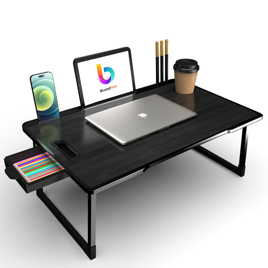 BrandFlex Study Table Bed Table Premium Laptop Table/Foldable and Portable Wooden/Writing Desk for Office/Home/School (U$A COTTED ABLACK), 59.7 cm, 10 cm