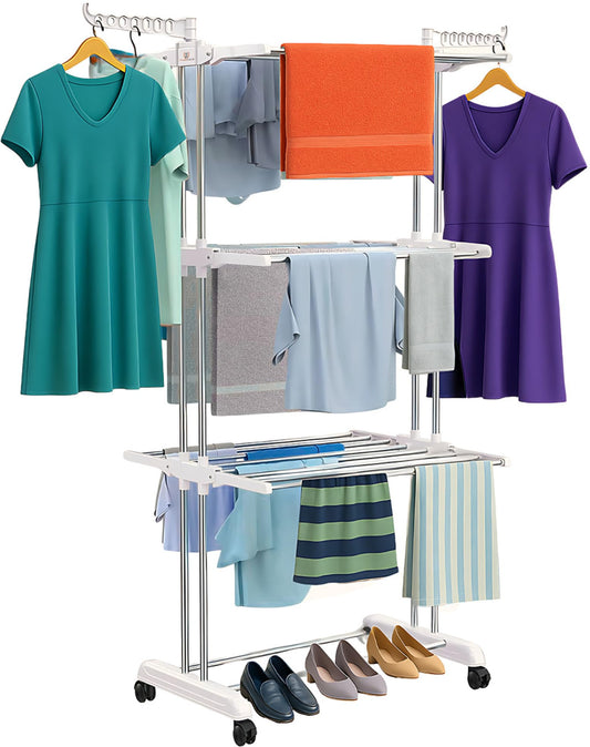 H Houseware Foldable Cloth Drying Stand Stainless Steel – 3 Tier Heavy-Duty Clothes Dryer for Balcony, Indoor & Outdoor Use | with Wheels & Hanger Slots | Rust-Proof Laundry Rack (White)