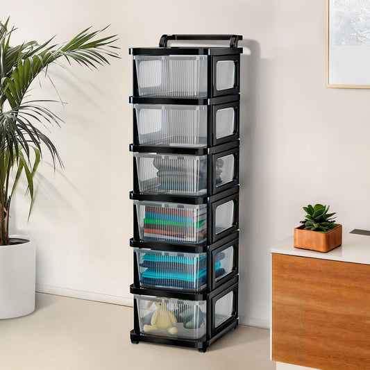 Kuber Industries 6 Layer Heavy Duty Plastic Storage Drawer with Wheels | Modular Cabinet for Bedroom, Office, Home | Chest of Drawers Organiser for Cosmetics, Kitchen items, Toys | Transparent Black