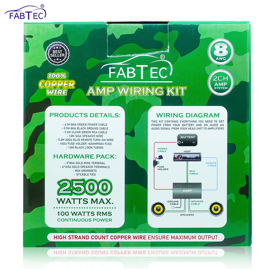 Fabtec Car Amplifier Wiring Dual Channel Copper Amp Wire Kit (10GA/2500W)